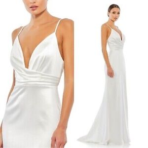 Mac Duggal Plunging faux-wrap charmeuse trumpet gown with a low back Size 14